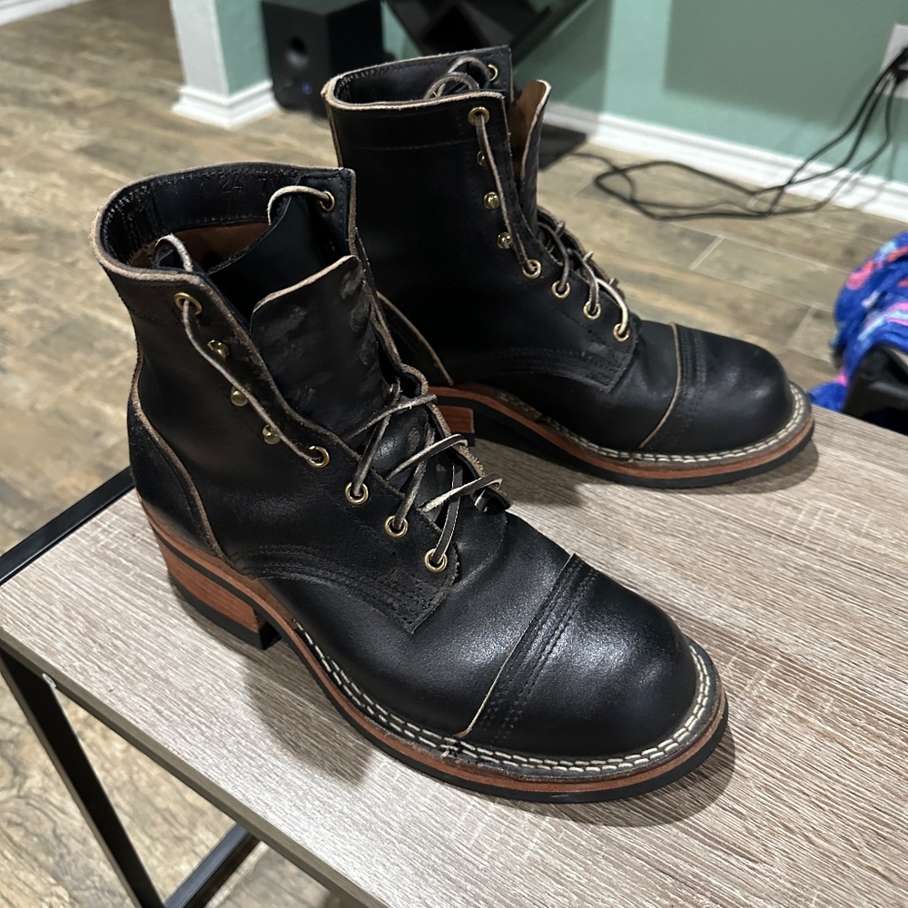 Nicks Handmade Boots MTO 6” Charley 7.5E Boots 55 Last Black Waxed Flesh